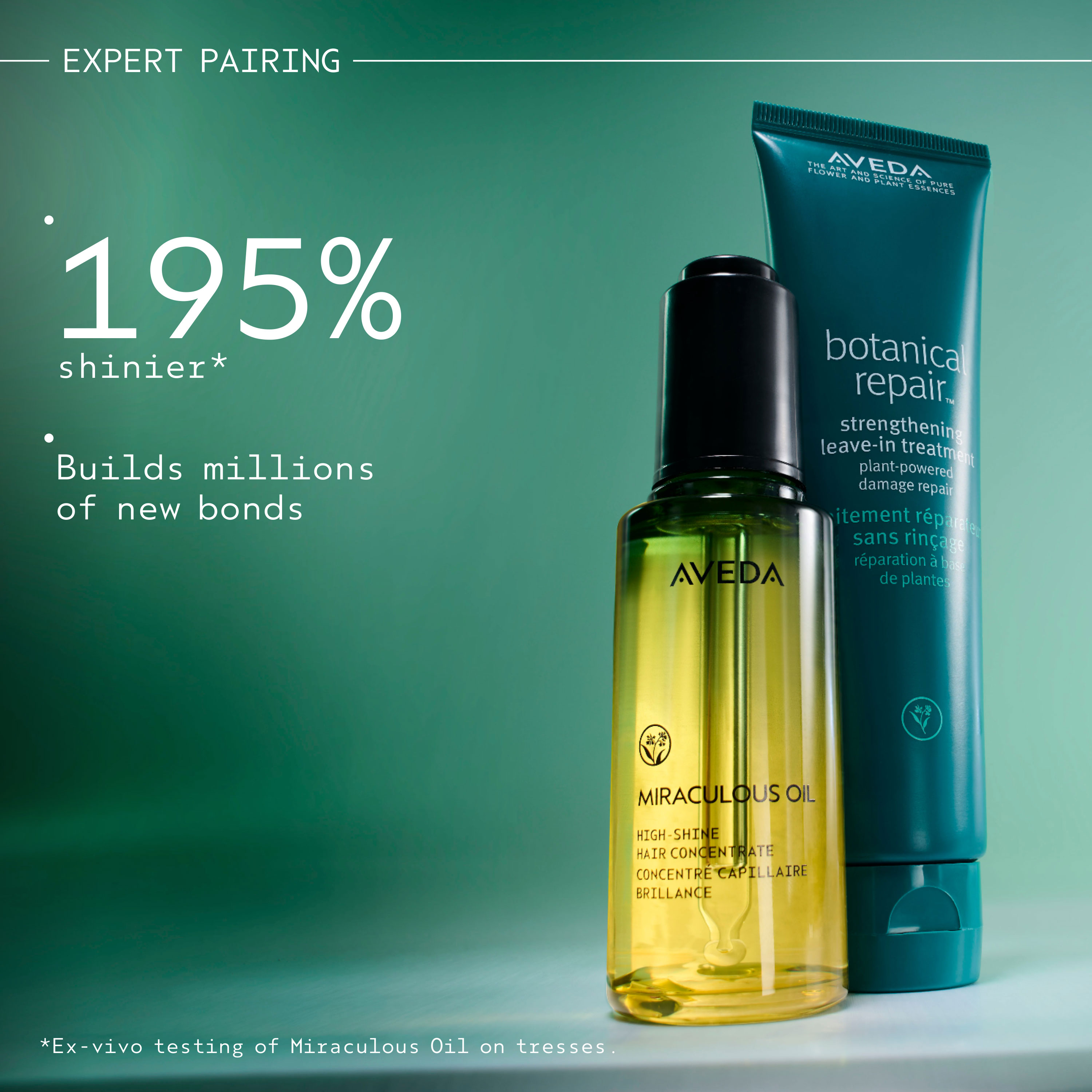 Aveda hair oil + botanical repair leave-in treatment product close up shot.