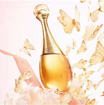 De flacon van het parfum J’adore Intense, omringd door gouden vlinders en een roze Dior-lint