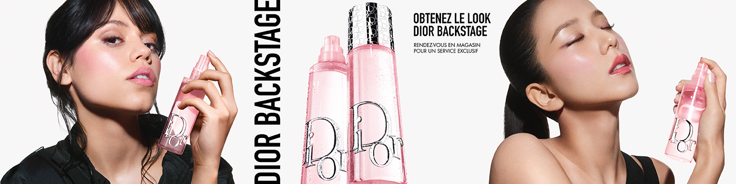 Jenna Ortega à gauche, tenant dans sa main le spray fixateur Dior Backstage Airflash Mist. Au milieu, le logo Dior Backstage et le nouveau spray. À droite, Jisoo en train de vaporiser l'Airflash Mist.