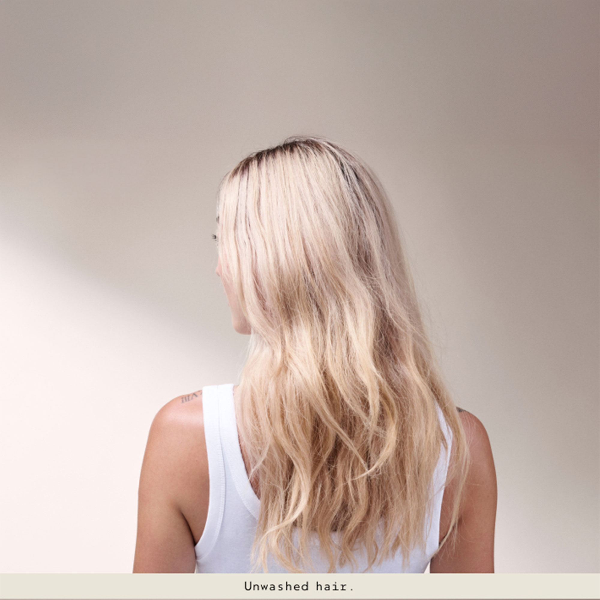 A shot of a woman with unwashed hair from behind, from the shoulders up.