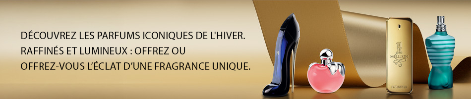 Carolina Herrera Good Girl, Nina Ricci Nina Le Parfum, Rabanne 1 Million and Jean Paul Gaultier Le Male perfumes displayed against a gold background.