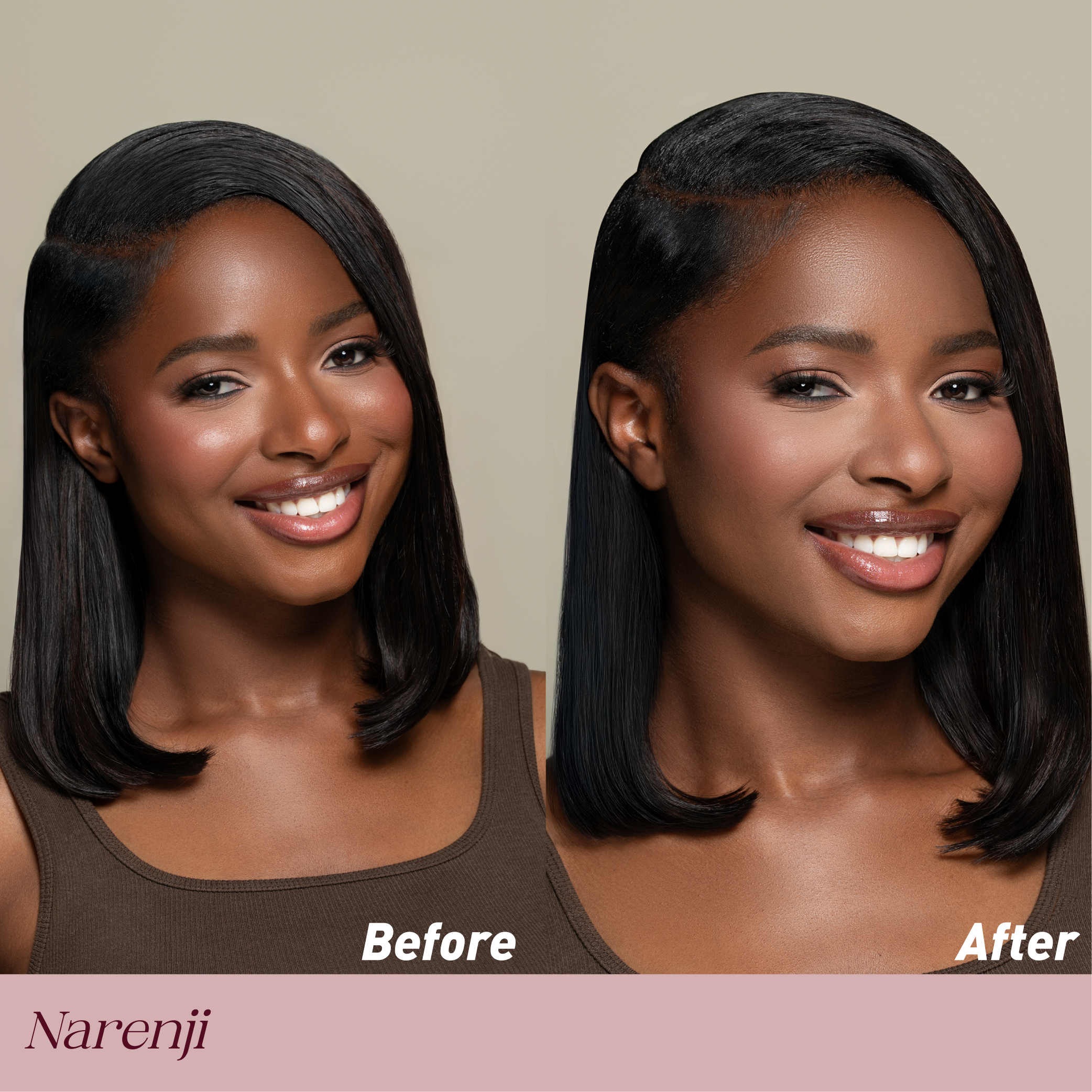 Voor-en-na foto van een vrouw, links zonder make-up en rechts met een stralende huid dankzij de Dream Pressed Powder