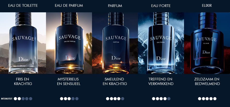 	
De Sauvage-collectie: Eau de Toilette, Eau de Parfum, Parfum, Eau Forte en Elixir